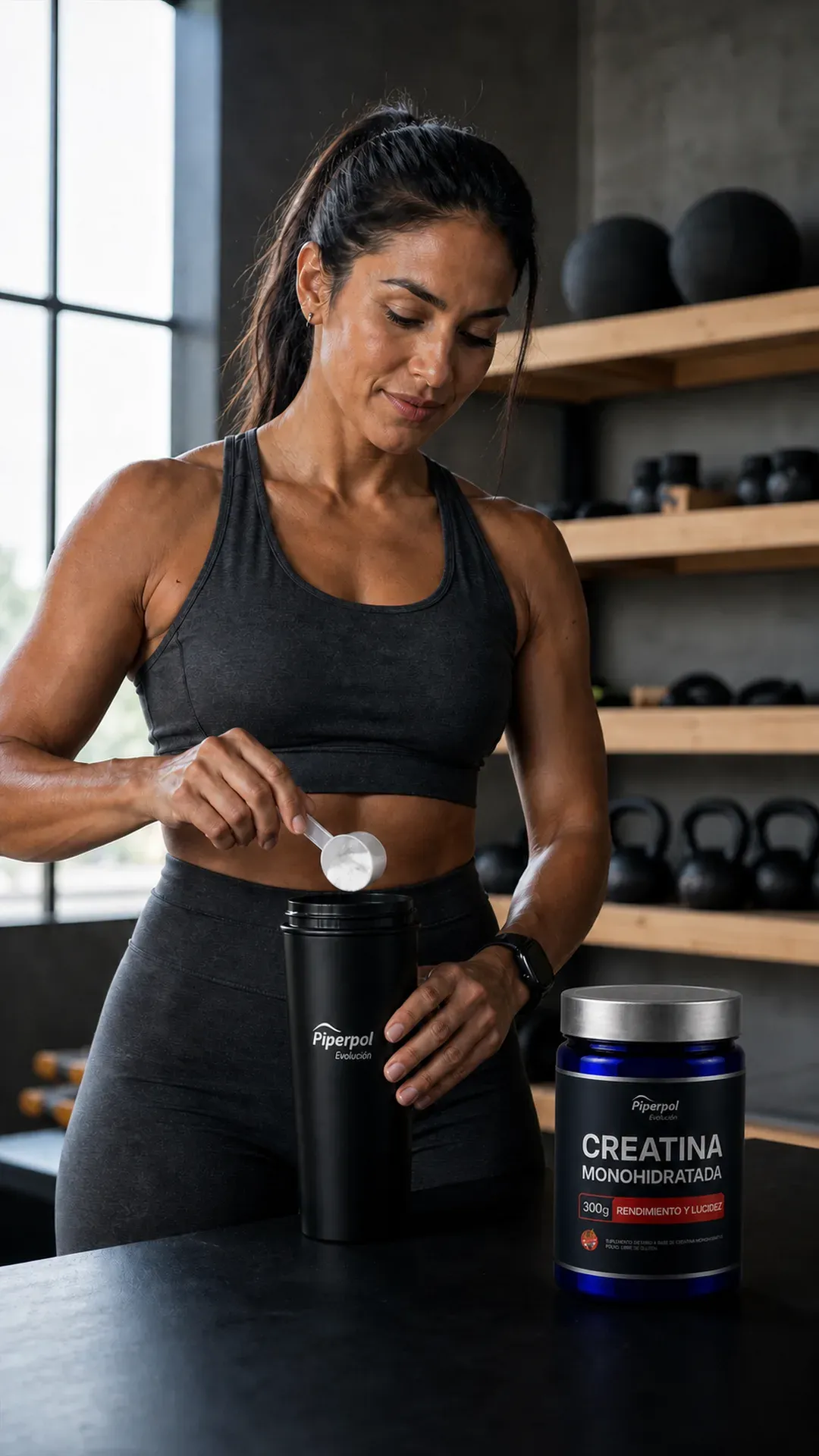 Mujer preparando su medida de Creatina Piperpol Evolución en el gimnasio