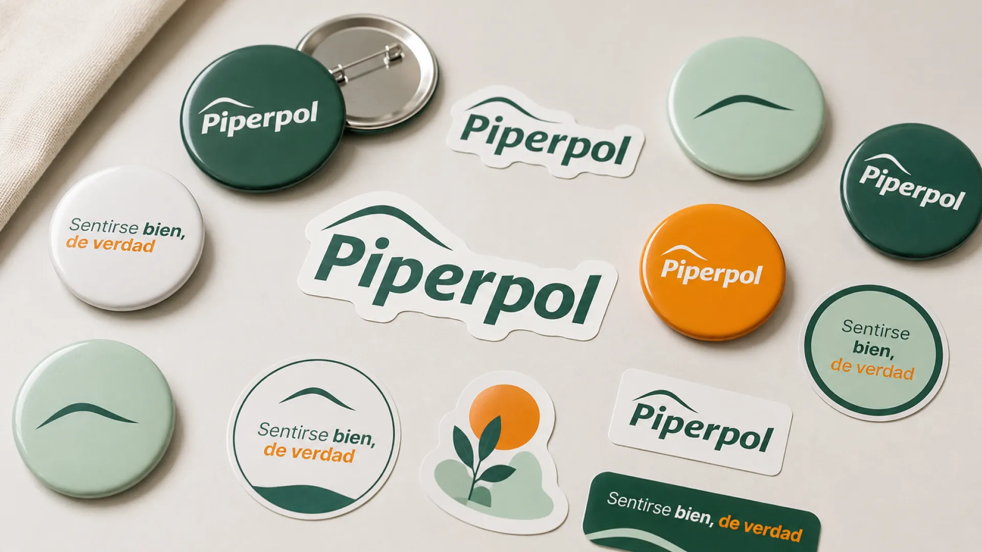 Pines y calcomanías con la identidad de Piperpol: el logotipo, el gesto curvo y el lema «Sentirse bien, de verdad»