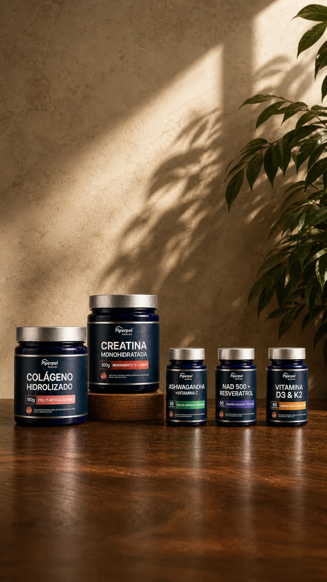 Cinco frascos azules de la línea Evolución de Piperpol sobre una mesa de madera: colágeno, creatina, ashwagandha, NAD 500 y vitamina D3 y K2